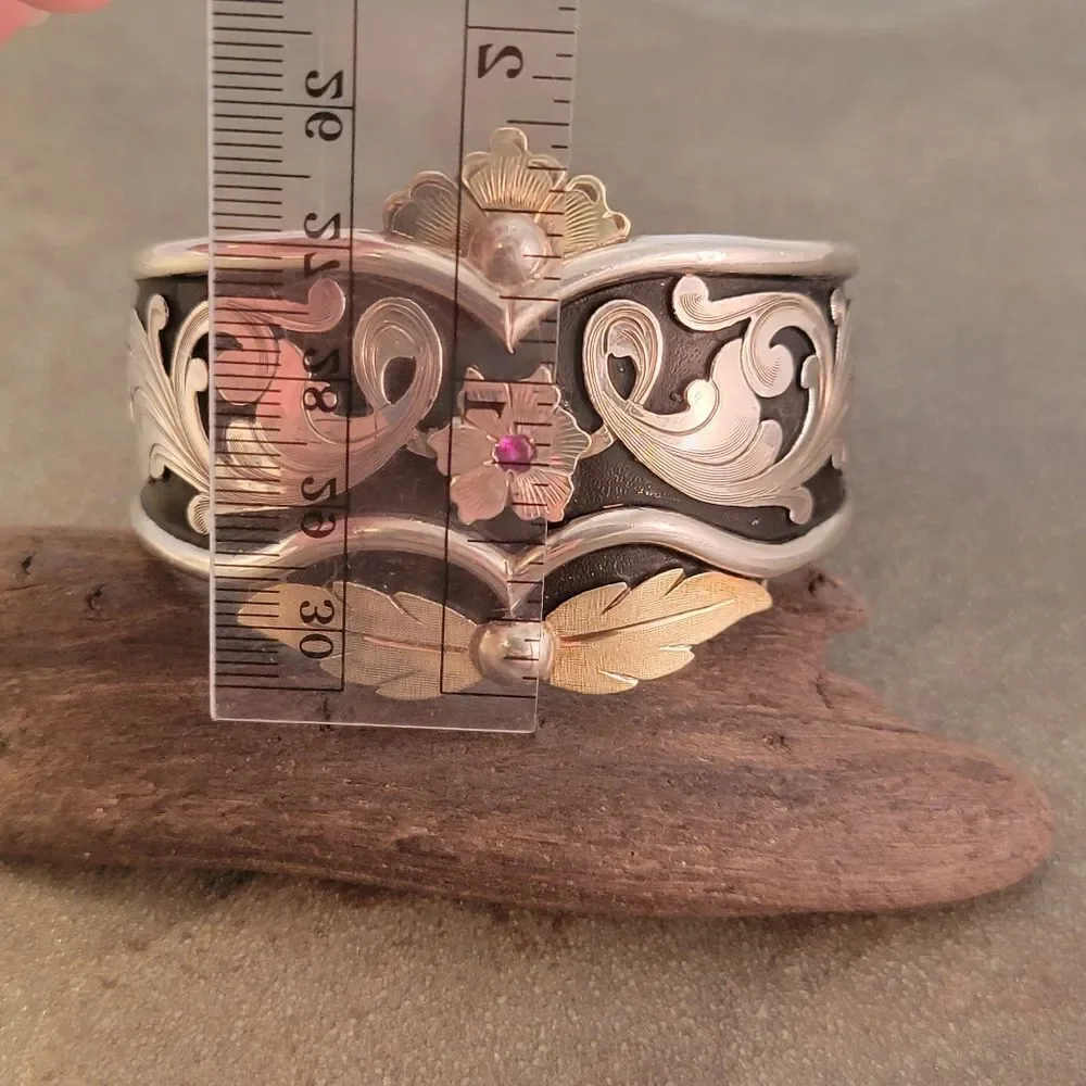 Lopez Bros. Silversmith Handcrafted Engraved Sterling 14k Flourish Cuff Bracelet